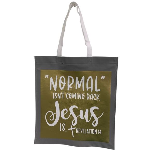New Upcycled Hand Printed Normal Isn't Coming Back Jesus Is Shopper Tote Bag - Picture 1 of 4